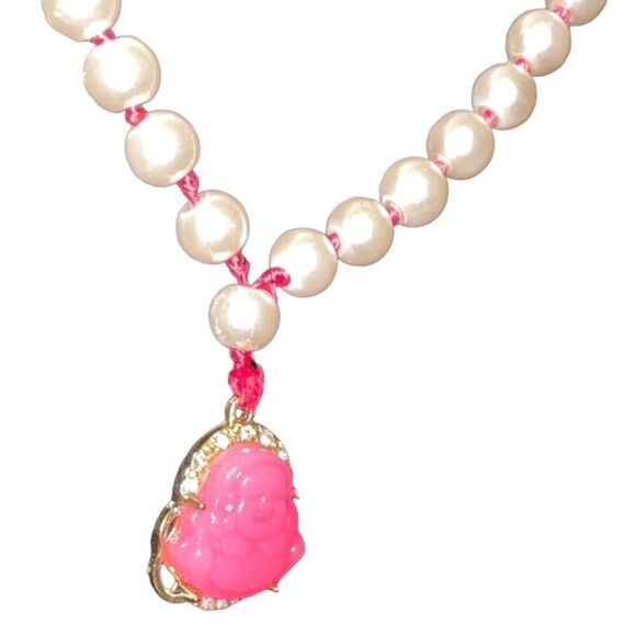 Custom Hand Knotted Cultured Pearl Necklace with Pink Jade Buddha - Picture 7 of 12